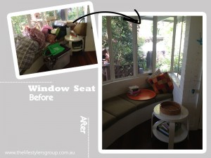 Window Seat Decluttered and Organized